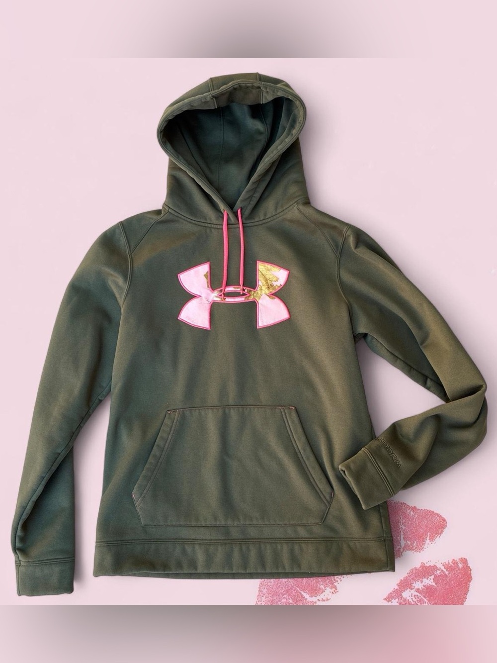 Under Armour Olive Green Hoodie with Pink Logo
